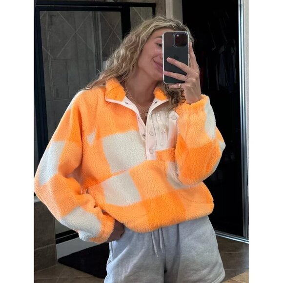 FREE PEOPLE Movement Hit The Slopes Printed Pullover in Electric Orange Gingham - Picture 1 of 9